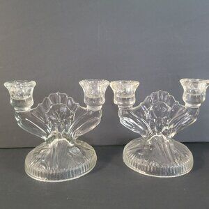 Vintage Jeanette Iris Clear Glass Double Candle Holders - Set of 2